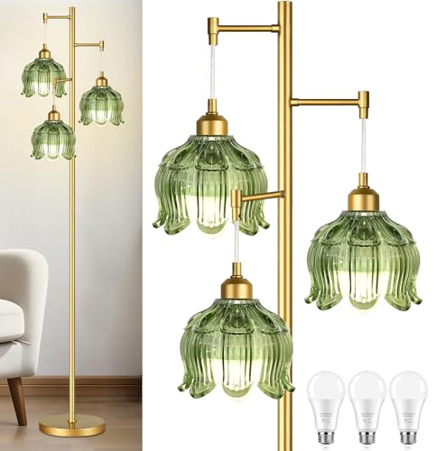 Vintage Floor Lamps for Living Room Bedroom-3 Light Glass Floor Lamp with Three Led Bulb, Flower Tall Floor Lamp Gold Mid Century Modern Standing Lamp Tree Floor Lamps for Living Room Bedroom Corner