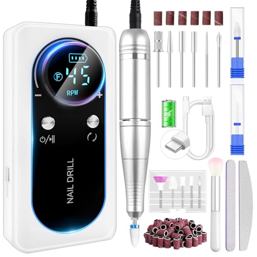45000 RPM Professional Electric Nail Drill File, LEDSUUEI Portable Nail Drill for Acrylic and Gel Nails, Polishing & Removal, Rechargeable Electric Nail File E File Nail Drill Machine for Salon Home