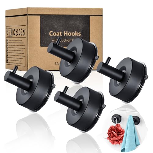 YOHOM Suction Cup Hooks for Shower Wall Bathrooms Towels Hook for Glass Door Heavy Duty (Black, 4 PCS)