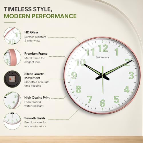Image of Auromin Antique Radium Glass Wall Clock Night Glow for Bedroom | Night Light Silent Glass Wall Watch for Living Room, Living Room, Study | Large Stylish Clock with Glow in Dark Numbers (Rose Gold)