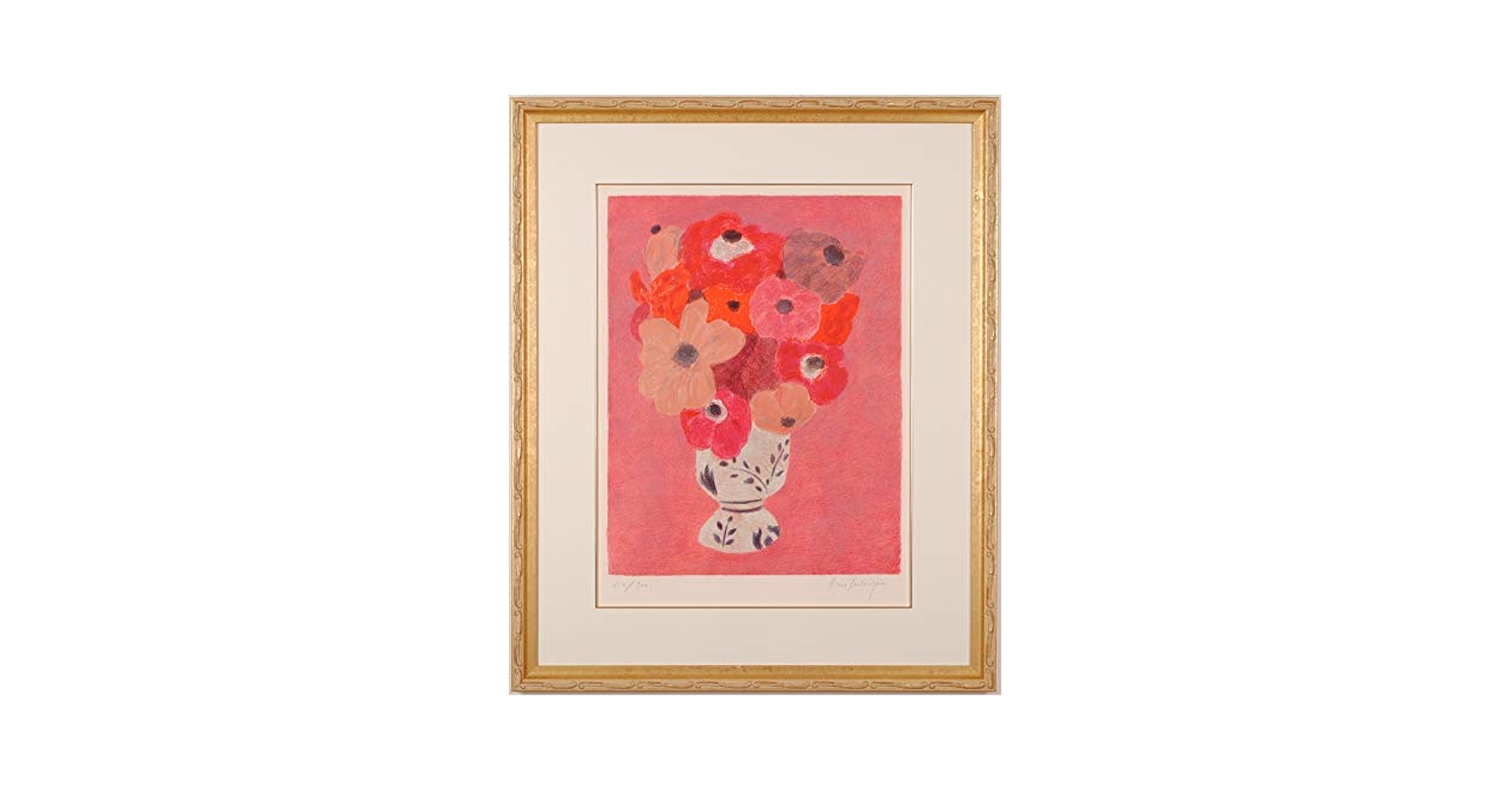 ピエール・ボンコンパン　赤い花の画 花の絵画をリトグラフの版画で制作したピエール・ボンコンパンの