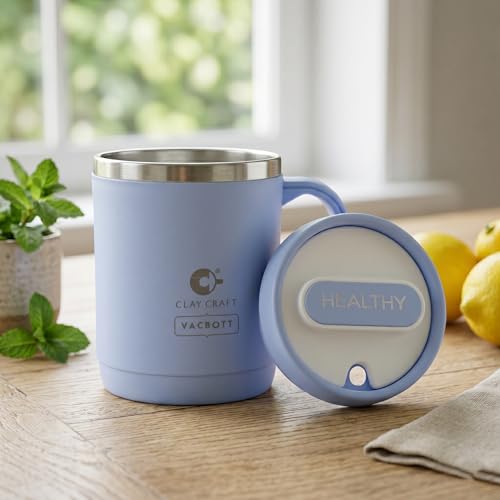 Image of CLAY CRAFT VACBOTT Dyona 400ML (SkyBlue) Premium Stainless Steel Puf-Insulated Flask Mug|Long Hrs Hot & Cold|Airtight, BPA-Free, Leak-Proof Travel Mug with Handle| Made in India