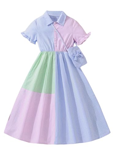 OYOANGLE Girl's Color Block Striped A Line Midi Dress Button Down Short Sleeve Collared Shirt Dresses