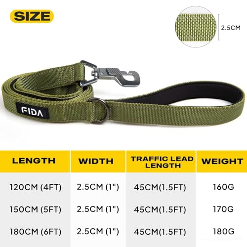Fida Heavy Duty Hundeleine für mittlere/große Hunde, 1.8M / 6FT Double Handle Hundeleine für mehr Kontrolle, reflektierende Hundeleinen für tägliche Spaziergänge & Training (Armeegrün)