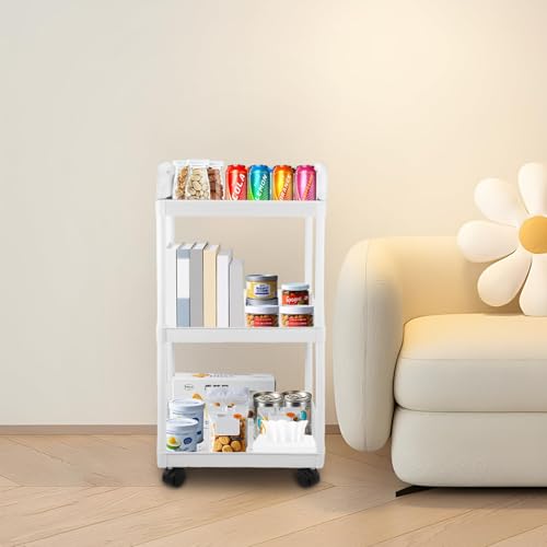 CROWNSHOP 3-Tier White Storage Trolley on Wheels - Kitchen Trolley with Lockable Wheels | Plastic + Stainless Steel Mobile Organiser for Bathroom Office - Image 3