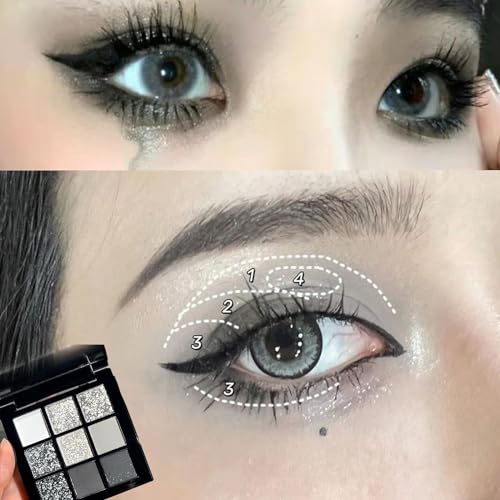 Long Lasting Black Eyeshadow Palette with Silver Glitter, Matte White and Grey Shades. Waterproof Goth Make Up for Women and Girls, Perfect for Halloween and Christmas Gifts - Image 6