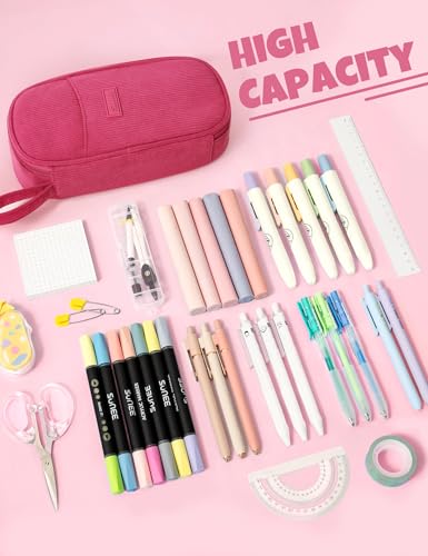 Image of SUNEE Cute Pencil Case, Large Pencil Pouch, Soft Corduroy Fabric Big Pencil Bag with Zipper, Kawaii Pen Bag Stationery Storage and Organizer, School Supplies for Teen, Student, Boys, Girls, Berry Pink