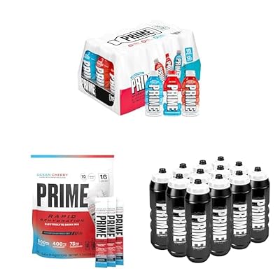 PRIME HYDRATION Berry Freeze, Cherry Freeze, Ice Pop 12 Fl Oz Variety Sports Drinks, Rapid Rehydration Electrolyte Powder Sticks, Ocean Cherry, 12 Pack Black Graffiti Squeeze Sports Water Bottle