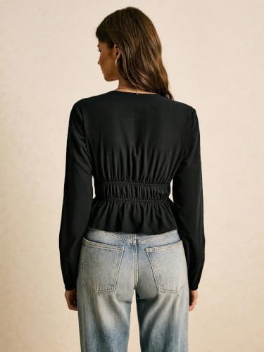 Image of Shasmi Women's Solid Deep V Neck Cotton Long Bishop Sleeve Drawstring Waist Ruffle Hem Peplum Top | Blouse | Casual Boho Cottagecore Shirt for Office, Vacation & Daily (Top 304)