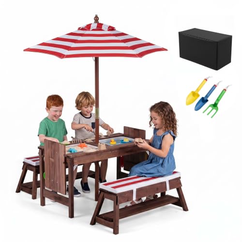 Costzon 4-in-1 Kids Picnic Table with Umbrella Sand & Water Sensory Bins