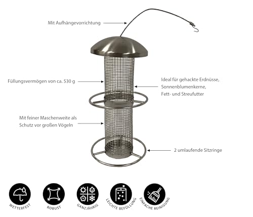 Dehner Natura Premium Wildvogel Futtersäule Domestico, Futterstation für Wildvögel, Futterstelle rostfrei / hängend, ca. 28 x 14 x 14 cm, Edelstahl, silber