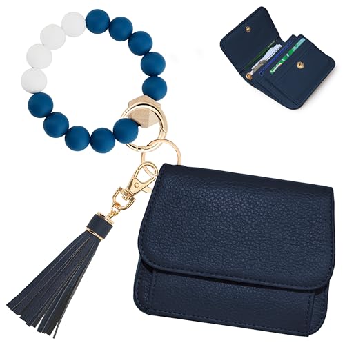 Image of Keychain Wallet for Women,RFID Wristlet Wallet with Beaded Strap | Tri-Fold Design,6 Card Slots,ID Window,Zipper Coin Pocket,Lightweight Carry