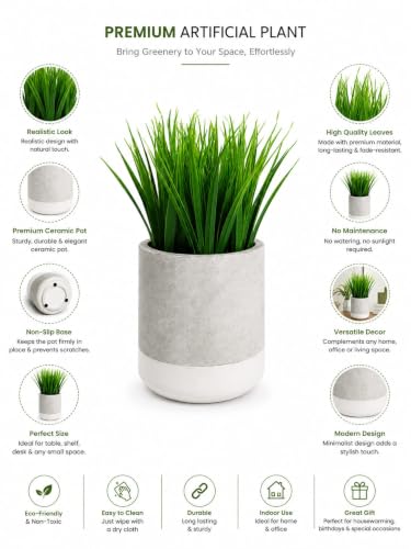 Image of Artificial Grass Plant in Ceramic Pot, 10 Inch, Grey and White