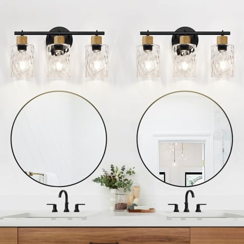 MOKATNG 2025 Upgrade Bathroom Light Fixtures, 3-Light Coastal Vanity Lights with Crystal Glass Shade, Black Bathroom Wall Lamp for Mirror Kitchen Hallway Cabinet - Image 6