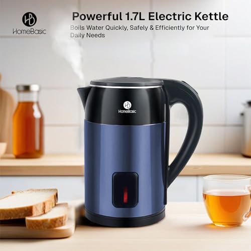 Image of HOMEBASIC Electric Kettle, 1.7L, Rapid Boil, Cool Touch Exterior, Auto Shut-Off, Overheat Protection, 360 Rotating Base, Lock Lid, Built-in Mesh Filter, Hot Water Kettle for Making Black Tea & Coffee