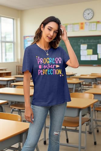 LUKYCILD Teacher Shirt Women First Day of School Shirts Progress Over Perfection Tee Casual Teacher Life Short Sleeve T-Shirt3