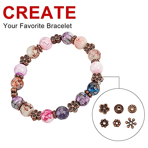 PH PandaHall 410pcs 6 Styles Tibetan Spacer Beads, Jewelry Beads Flower Bicone Snowflake Flat Round Metal Spacers for Bracelet Necklace Earring Jewelry Making Supplies, Red Copper Color