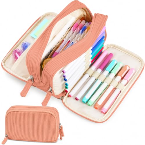Image of Sooez Big Capacity Pencil Case Pen Pouch, Soft Corduroy Pencil Bag with 3 Compartment, Multiple Pockets, Sturdy Zipper, Cute School Supplies Pen Bag Organizer For Teen Girls College-Orange