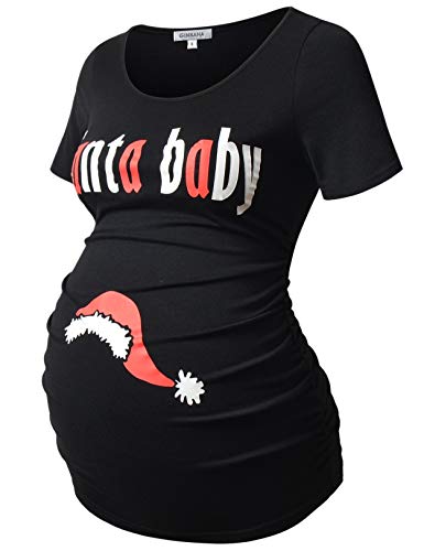 Ginkana Maternity Christmas Shirt Short Sleeve Basic Top Ruch Sides Bodycon Tshirt Santa Baby Print Pregnancy Tee,S #TOP1