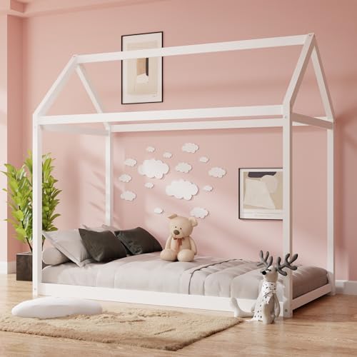 iRoll House Floor Bed Twin Size, Wood Montessori Floor Bed with Slats, Multifunctional House Montessori for Boys and Girls, No Box Spring Needed, Easy Assembly, White