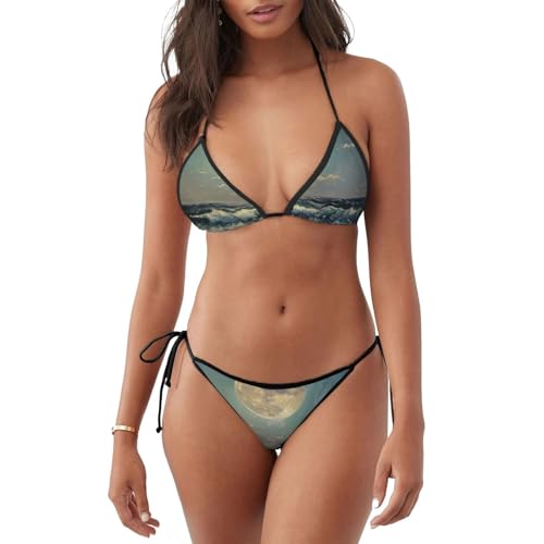 Bikinis de dos piezas con estampado de luna y mar para mujer, elegante traje de baño de 2 piezas para playa o piscina, Negro -, S-3XL