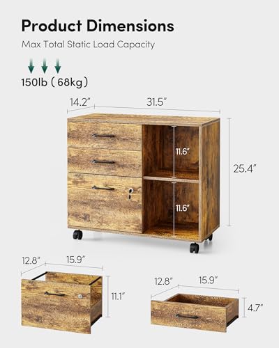 Image of FEZIBO 3-Drawer Mobile File Cabinet, Lateral Filing Cabinet with Lock, Printer Stand with Open Storage Shelves for Home Office, Filing Cabinets for Home Office, Rustic Brown