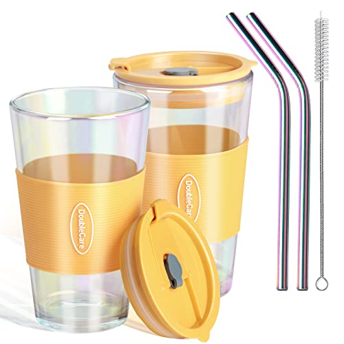 DoubleCare 450ML Iced Coffee GlasBecher to go, Trinkgläser 2er Set, Auslaufsicher Smoothie Becher to go, Trinkbecher mit Deckel und Strohhalm für Säfte Eiskaffee, Travel Mug Longdrinkgläser Cover