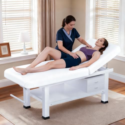Stationary Massage Table with Memory Foam, Massage TattooTable with Adjustable Height, Facial Bed for Esthetician, PU Leather, Shelf for Physical Therapy & Spa (WOOD & Metal/ Wh, 76''L x 30''W) - Image 3