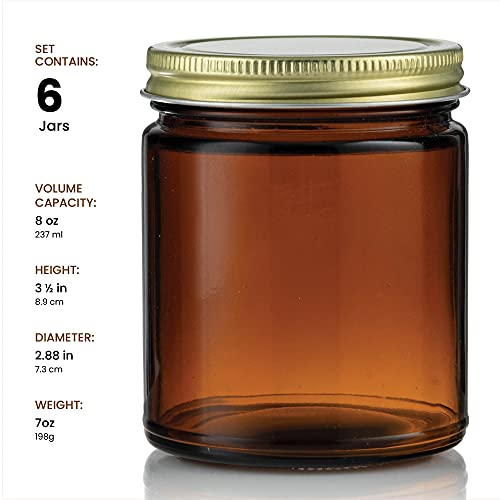 Amber Glass Jars 8 Ounce For Candle Making Straight Side For Diy Projects, Herbs, Homemade Cosmetics, Decorating, Storing, Overnight Oats, Meal Prep, Wedding Favors, Great For Daily Vitamins (6) #TOP6