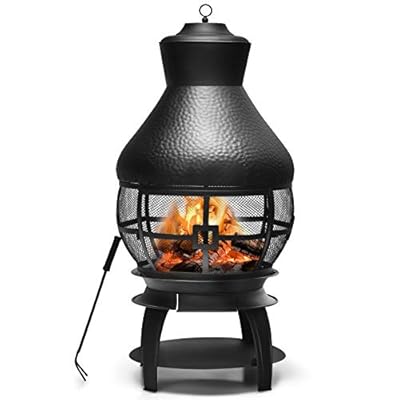Giantex Wood Burning Chiminea, Heavy Duty Fireplace Wooden Chiminea Fire Pit with 2-Piece Log Grate, Premium Rain Cap & Fire Poker, 360°Fire Retardant Mesh Cover, Ideal for Garden, Patio, Backyard