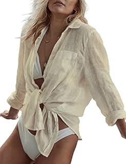 Bsubseach Women Long Sleeve Beach Shirt Blouses Turn Down Collar Bathing Suit Cover Ups
