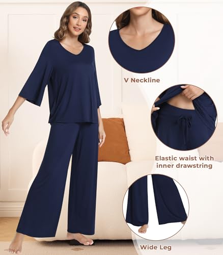 NACHILA Women's Pajamas Set 3/4 Sleeves Pjs V Neck Sleepwear Soft Loungewear with Wide Leg Pants, Viscose Made from Bamboo Navy Blue L — view 4