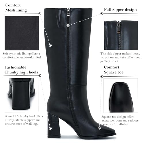 Wide Calf Knee High Boots for Women – Tall Fashion Boots with Side Zipper, Square Toe, Chunky Heel, Faux Leather Long Boots4