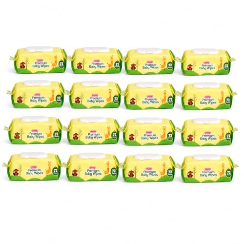 Image of Happy Premium Baby Wipes Export Quality with Aloe Vera & Vitamin E Alcohol-Free, Dermatologically Safe & pH Balanced | Gentle Skin Care for Newborns & Toddlers | Flip-Top Lid for Lasting Moisture (1152, 72 count (Pack of 16))