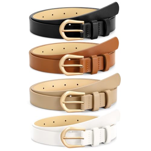 Image of VONMELLI 4 Pack Womens Thin Leather Belt Skinny Waist Belts for Women Fashion Jeans Dress with Gold Buckle