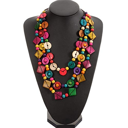 Bohemian Shell Necklace Wood Bead Statement Collar Necklace Chunky Layered Necklace Handmade Beaded Long Necklace for Women