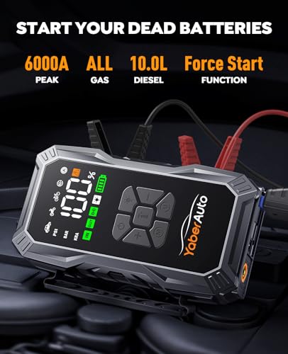 Image of YaberAuto 10-in-1 Jump Starter with Air Compressor 6000A 150PSI Car Battery Jump Starter (All Gas /10L Diesel) 12V Jump Box Car Battery Jumper Starter Portable Jumper Cables, 150W DC, Gloves, Lights