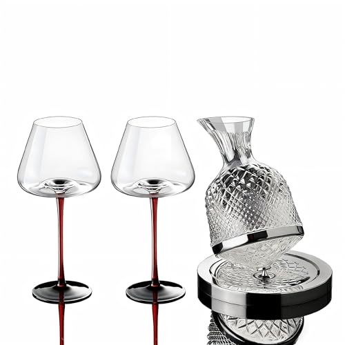1500ml 360 Rotating Wine Decanter Set with 2 Lead-Free Crystal Burgundy Glasses - 720ml Red Stem Wine Glasses Fast Aeration Red Wine Carafe for Wine Lovers Wedding Anniversary