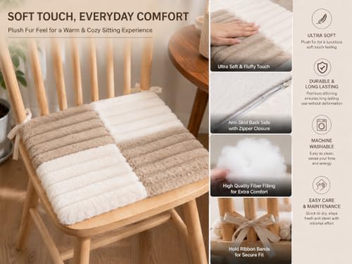 Image of Amazon Brand - Umi Beige & White Checkerboard Faux Fur Chair Seat Cushions, 16x16 Inch Fluffy Dining Chair Pads with Ties, Foam-Filled Kitchen Chair Pads, Set of 2