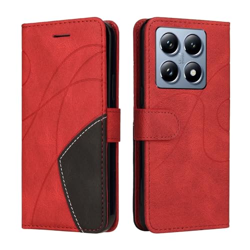 XINNI Protective Phone Case for Xiaomi 14T, PU/TPU Vintage Flip Leather Shockproof Cover Magnetic Book Style Wallet, Red