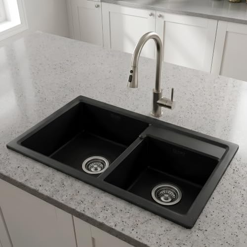 Image of GLOXY Premium Quartz Granite Double Bowl Kitchen Sink 31x18x9 Inches - Heavy Duty Black Matte Finish Double Bowl Quartz Sink with Drainer Basket Coupling Hose Pipe - Undermount & Topmount Kitchen Sink