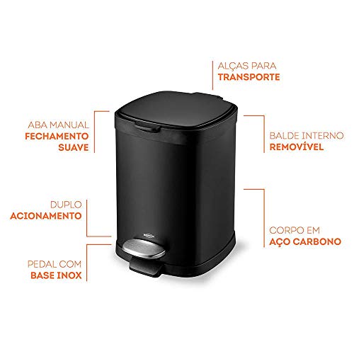 Lixeira em Aço Carbono com Pedal Inox e Balde Removível, 20L, Preto, Brinox