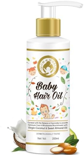 Mom & World Baby Hair Oil With 100% Pure & Natural Organic Coldpressed Oil, Nourishment with Coconut & Sweet Almond Oils For Kids, Dermatologically Tested, 200 ml