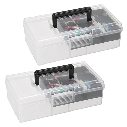 JUXYES Pacote com 2 caixas de armazenamento de plástico com divisórias removíveis, caixa de costura de material de artesanato transparente com tampa, estojo de armazenamento de papelaria de 2 camadas