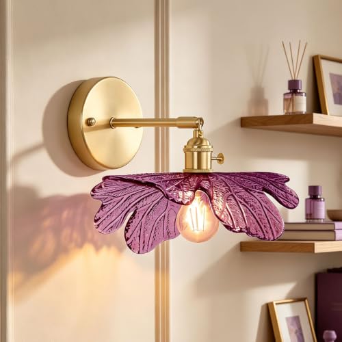 Image of 2-Light Bathroom Vanity Lights Purple Flower Glass Shade, Brushed Gold Brass Wall Sconce Over Mirror Vintage Vanity Wall Light, Mid Century Wall Lighting Farmhouse Bedroom Doorway