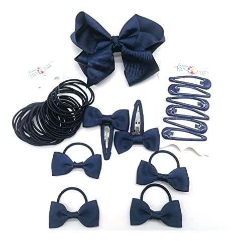 35 Pieces navy blue school hair accessories blue Ribbon Style Bow Bobbles Hair Clips Bows and Elastics Bands (Navy Blue) Cover