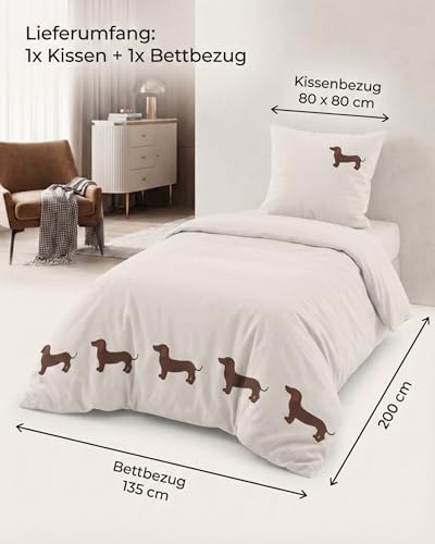 Trautesheim Bettwäsche Set mit Dackelmotiv (2-teilig) – Bettwäsche 135x200cm mit Kissenbezug 80x80cm – Bettbezug aus 100% nachhaltiger Baumwolle