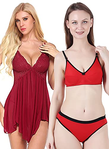 Image of Love Maker Lace Net Stylish Women Nightwear with Cotton Bra Panty Set for Women, Non Padded Bra Panty Set for Women & Night Wear Honeymoon Nighty for Women.