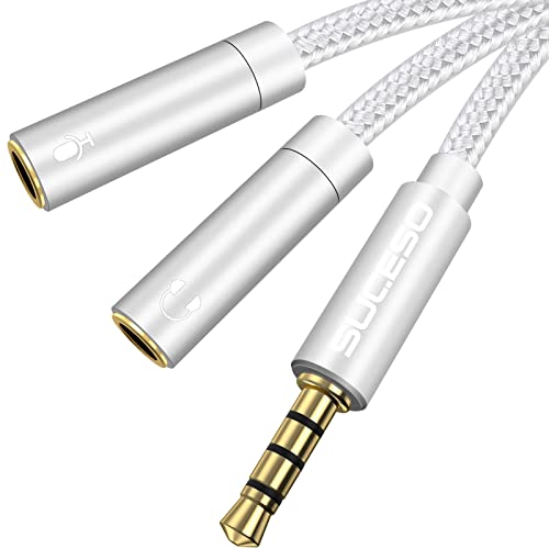 SUCESO Headphone Mic Splitter Adapter 3.5mm Stereo Audio Y Splitter Male to 2 Female Audio Microphone Y Aux Jack Cable Compatible with PS4,PC,Xbox,Laptop,Gaming Headset,Phone,External Mic-35cm(Silver)