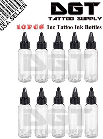 DGT Clear Plastic 1oz Empty Tattoo Ink Bottles 10pcs Black Twist Cap
